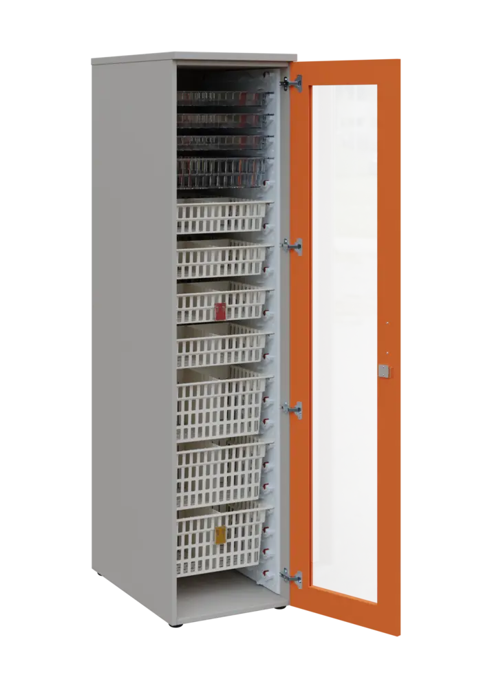 EUROMEDICA S - 46 skříň léková boxová, 1-dveřová/prosklená, pravá, 1950x460x735, korpus šedý, dvířka mandarinka